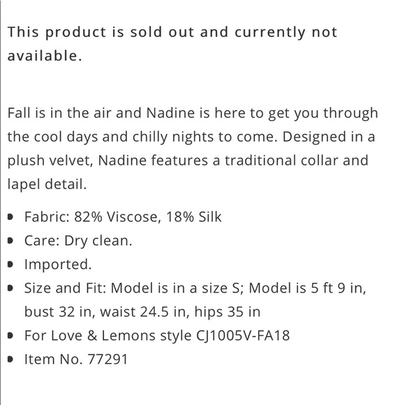 💙NWT For Love and Lemons Nadine Velvet Coat in Cobalt Blue - Picture 6 of 8